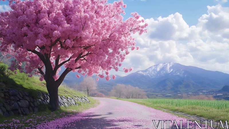 Gentle cherry blossom lane curves toward calm snowy mountains