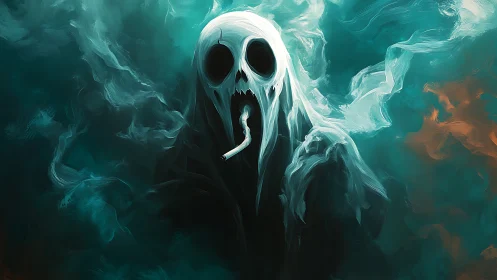 Hooded skeletal figure with smoke and cigarette is centrally depicted