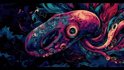 Bioluminescent cephalopod rendered in neon vector gradients