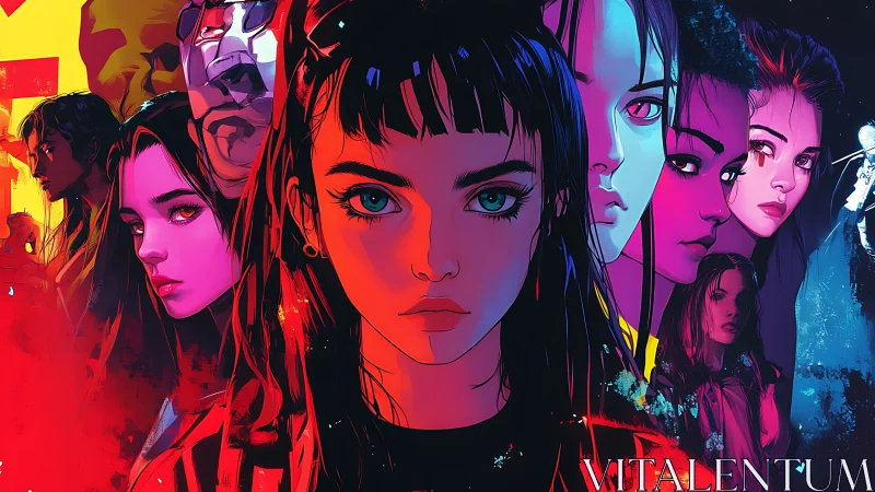 Neon cyberpunk heroines in fragmented comic montage poster.