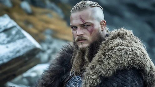Battle-scarred Viking warrior in fur cloak under cold light