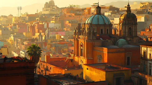 Sunlit domes above vivid hillside cityscape at dusk.