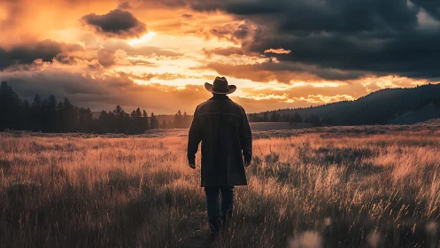 Cowboy walks through tall grass toward dramatic sunset sky