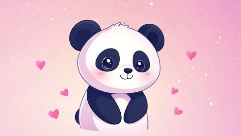 Baby panda cuddles hearts inside a pastel pink daydream