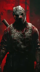 Masked figure in bloodstained overalls stands before red field