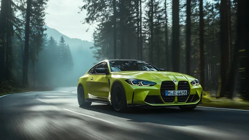 Bold lime sports coupe gliding through a misty forest road.