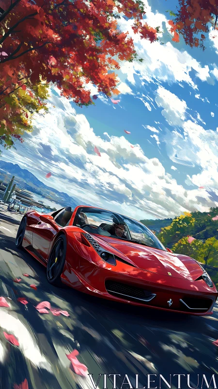 Aerodynamic red roadster under dynamic autumn canopy.