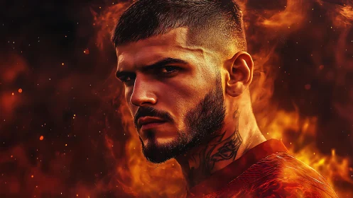 Intense bearded fighter framed by blazing orange flames.