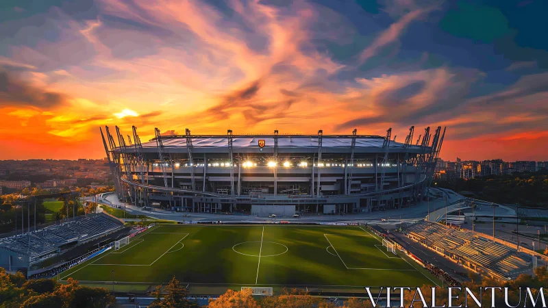 Large football stadium exterior under vivid sunset sky