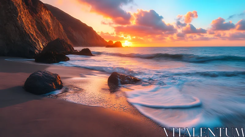Vivid coastal sunset over waves and rugged sea cliffs.