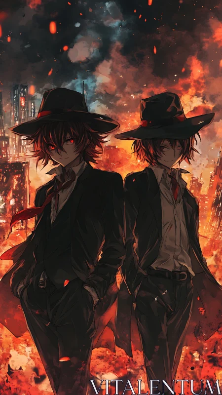 Twin noir antiheroes stride through apocalyptic firestorm.