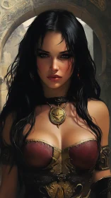 Warrior sorceress portrait with ornate leather armor and medallion