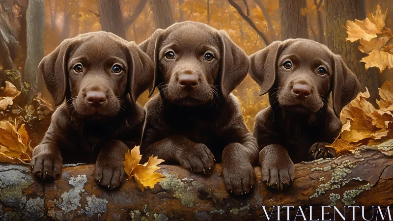 Autumn forest trio of chocolate puppies perched on fallen log.