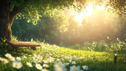 Sunlit wooden bench under tree in flowered meadow scene.