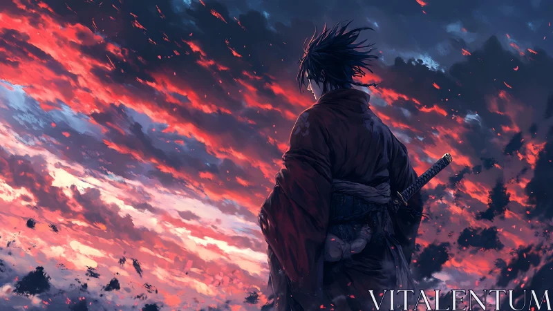 Storm-tossed ronin gazes into a sky of burning embers.