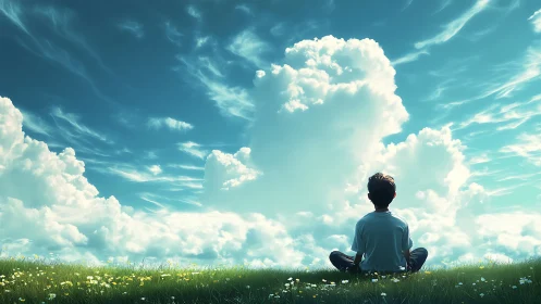 Boy Sitting on Meadow Watching Clouds in Dreamy Surreal Style.