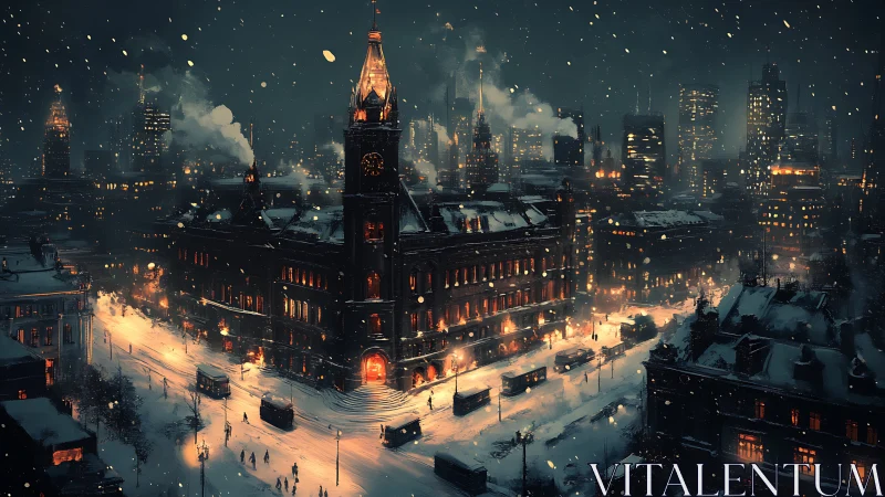 Snow-lit historic station glows against dense nocturnal skyline