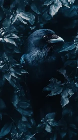 Mysterious Black Bird Perched Among Moody Blue Foliage