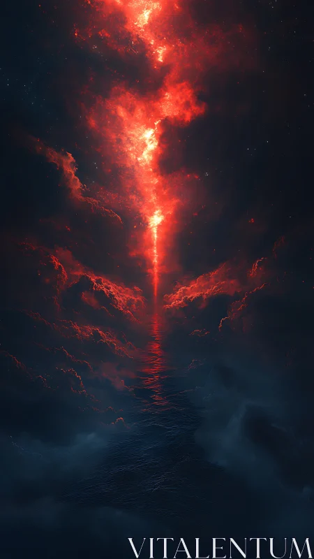Vertical red energy rift over dark ocean and clouds.
