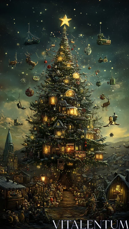 Tall decorated Christmas tree integrates houses and floating objects