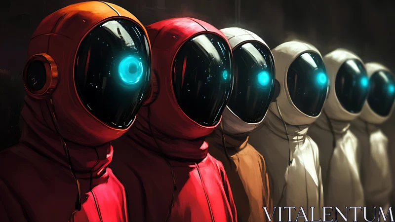 Row of humanoid robots in colored futuristic suits.