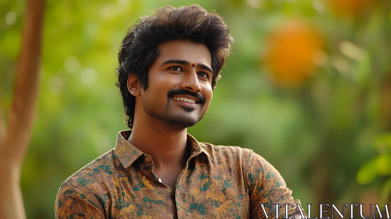 Sunlit smile drifting through soft green afternoon glow.