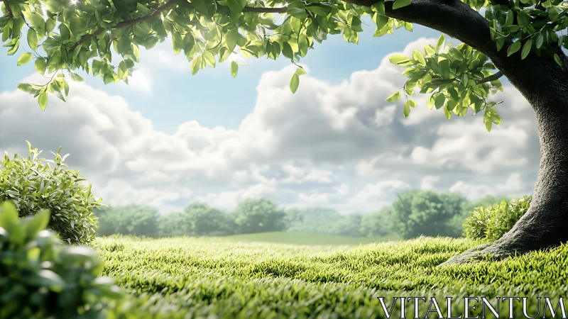 Sunlit meadow hush beneath a kindly sheltering tree.