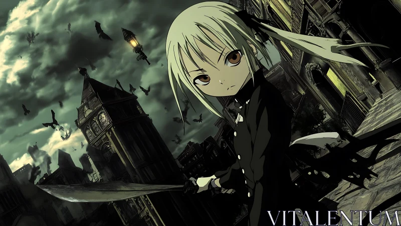 Young sword wielder stands firm in a stormy gothic city