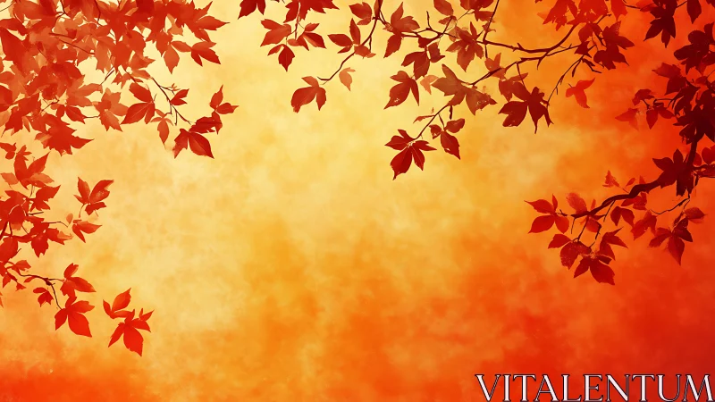 Autumn ember canopy framing a glowing golden sky window.