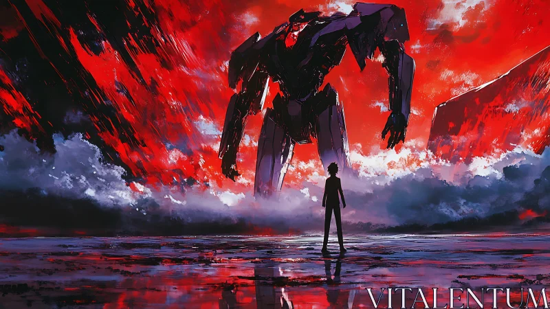 Silhouetted figure facing giant mech in red storm landscape.