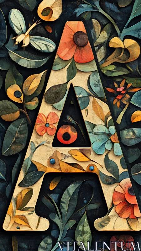 Floral letter A illustration with carved botanical motifs.