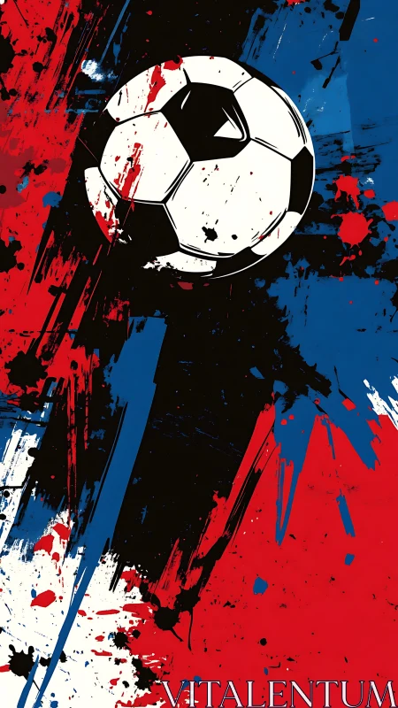 Soccer ball graphic over red, blue, black paint splashes