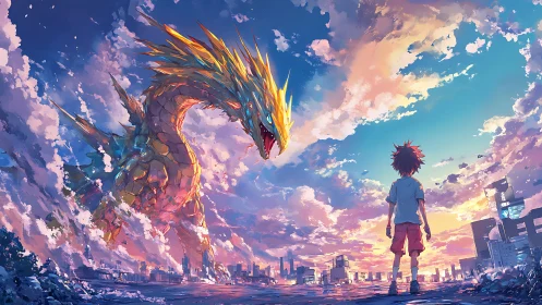 Young dreamer meets a radiant sky dragon above the city