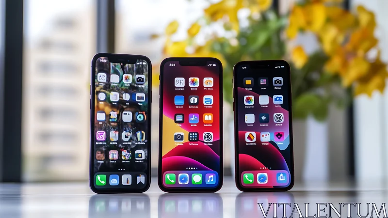 Everyday smartphone trio glowing on a bright, cozy desk.