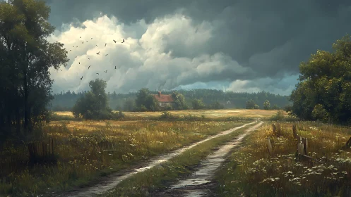 Storm-brewing country lane curls toward a hushed red-roof home