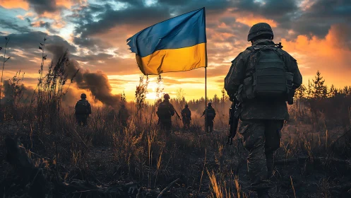Ukrainian soldiers advance under dramatic sunset sky.