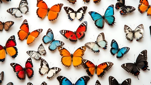Color-saturated butterfly collection on pristine white backdrop.