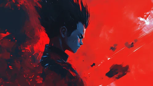 Brooding anime warrior stands calm in a storm of red energy