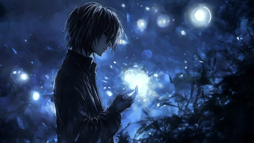 Solitary boy holds glowing orb amid deep blue night forest