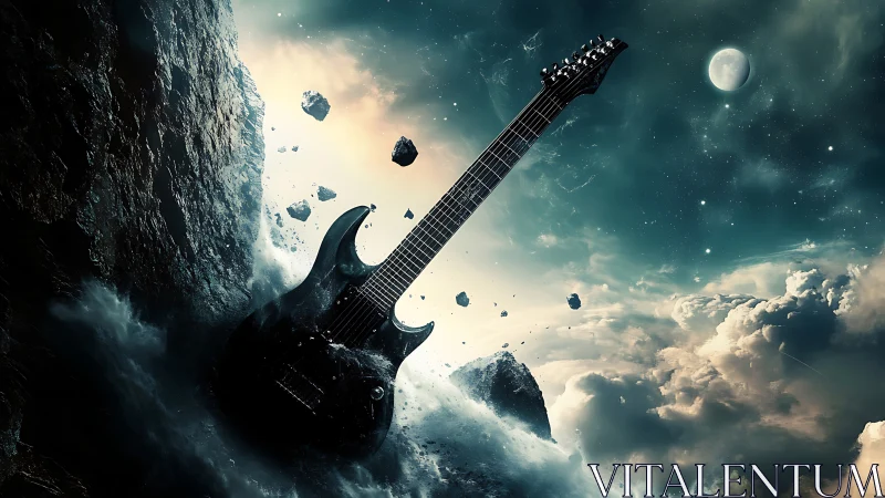 Electric rock guitar rises through cosmic clouds and debris.
