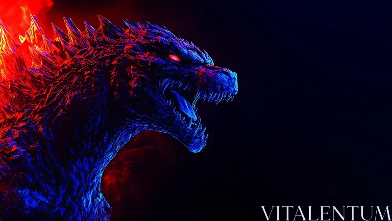 Neon-lit reptilian kaiju profile in red and blue lighting.