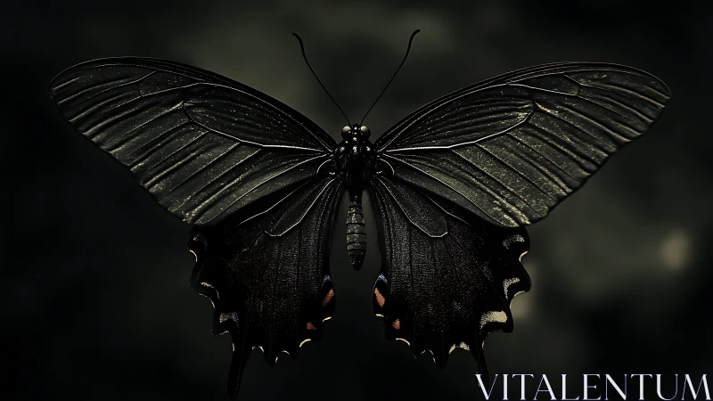 Dark-winged butterfly rests in dramatic low-key light