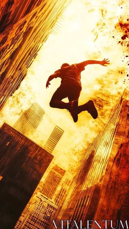Urban Parkour Silhouette Against Fiery Cityscape.