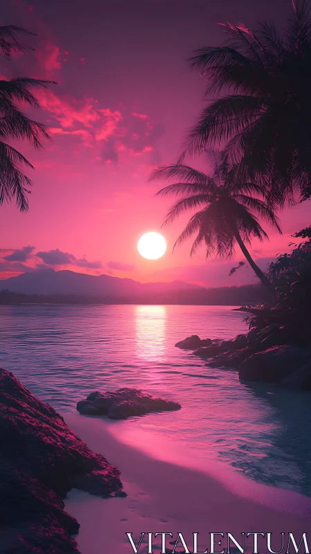 Neon-tinted tropical shoreline under stylized magenta sunset light