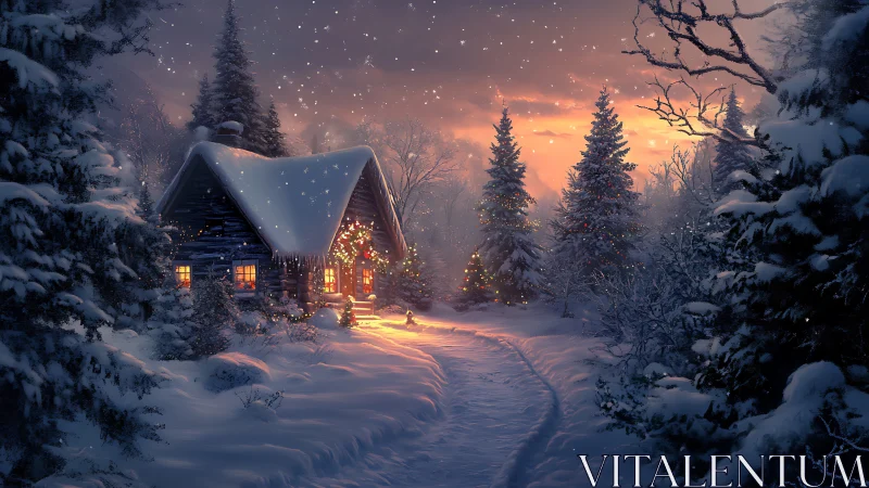 Snowy cabin at dusk with glowing lights and pine trees.