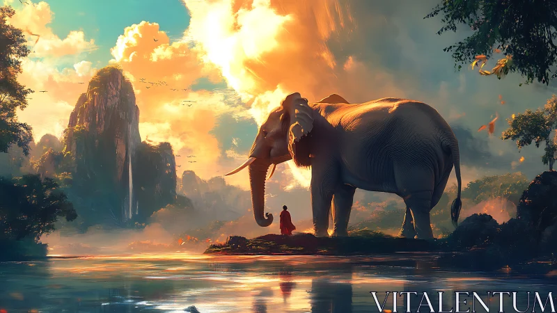 Majestic elephant and monk share a serene sunrise river