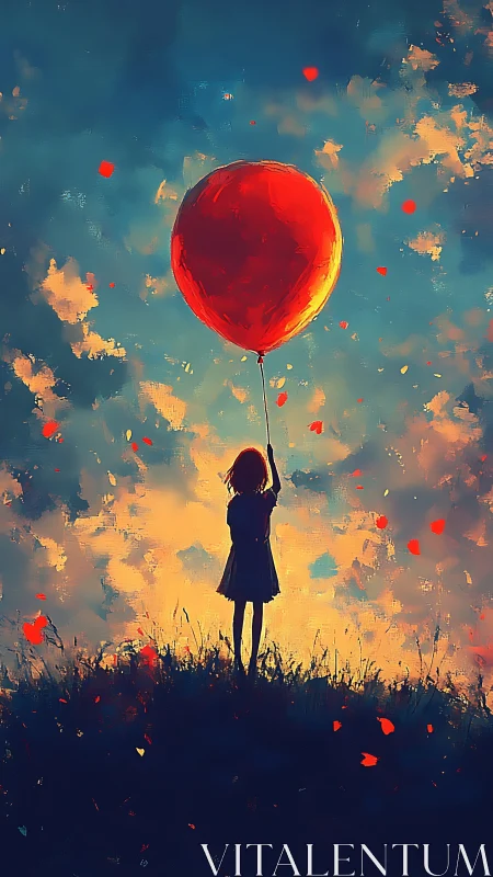 Silhouetted girl holding red balloon under glowing dusk sky.