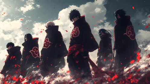 Dark robed anime squad framed by storm sky and petals.