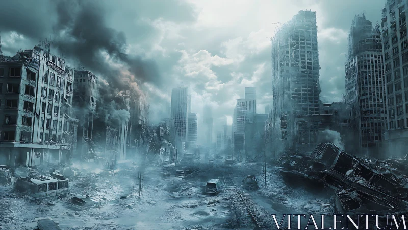 Ruined city street stretches through dense post‑apocalyptic ruins