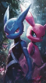 Digital painting of dual neon creatures in forest standoff.